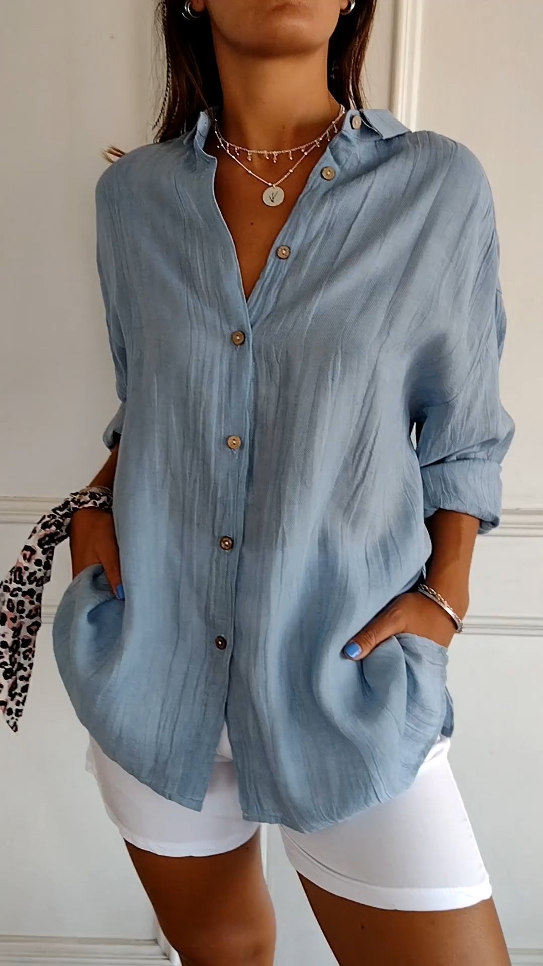 Dames Oversized Blouse met Lange Mouwen en Zijzakken Blauw