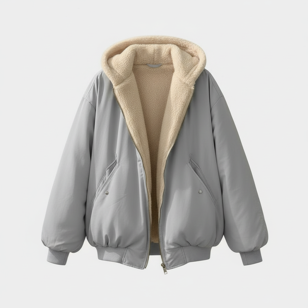 Dames Oversized Bomber Jacket met Capuchon en Fleece Voering Grijs