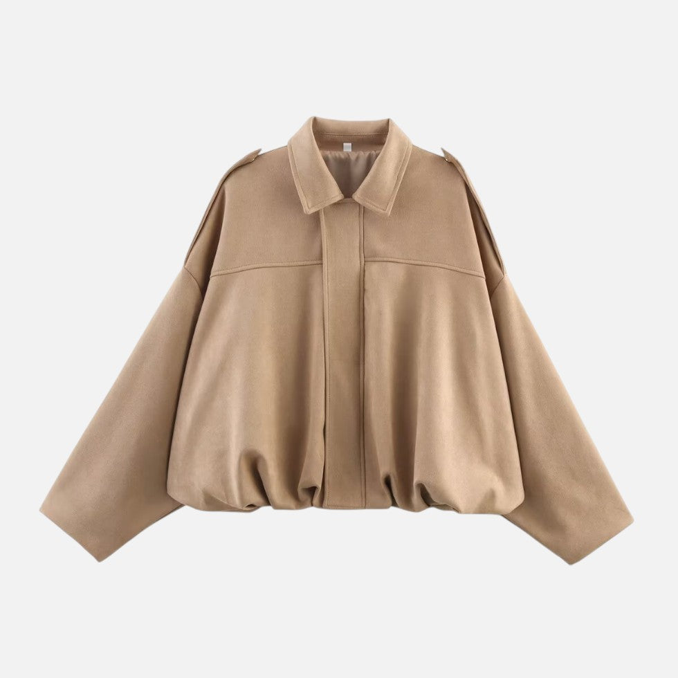 Dames Oversized Cropped jacket met Revers Kraag en Ritssluiting Khaki