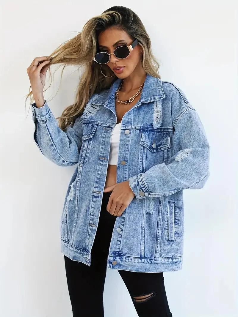 Dames Oversized Gevoerde Denim Jas met Waterafstotende Stof