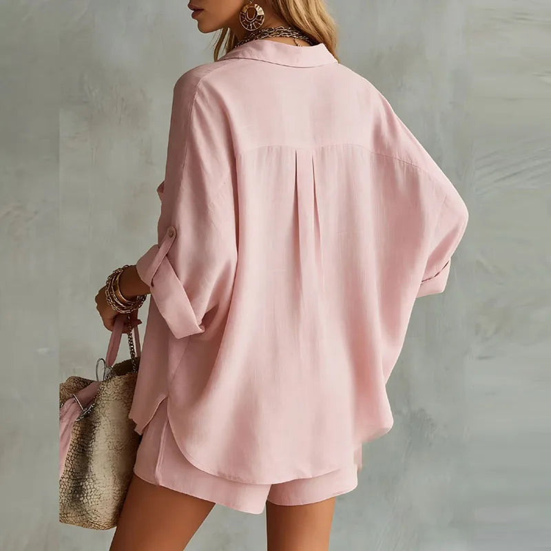 Dames Oversized Shirt en Shorts Set met V-hals en Lange Mouwen