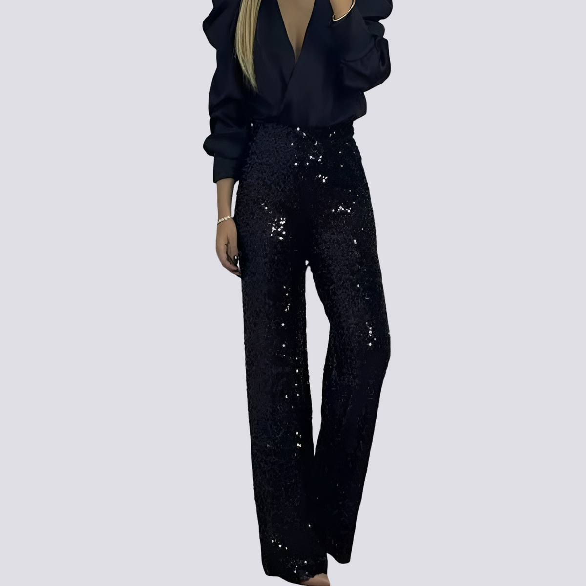 Dames Pailletten Broek met Hoge Taille en Wijde Pijpen