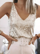 Dames Pailletten Tank Top Mouwloos met V-hals