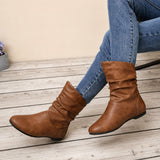 Dames Platte Slouch Laarzen met Retro Look en Ronde Neus