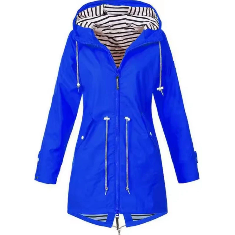 Dames Regenjas met Capuchon en Ritssluiting Taillband Blauw