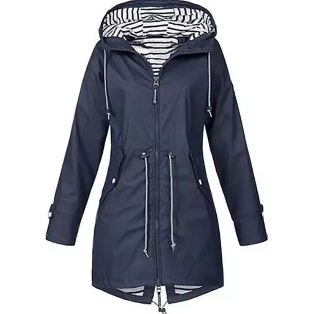 Dames Regenjas met Capuchon en Ritssluiting Taillband Marineblauw