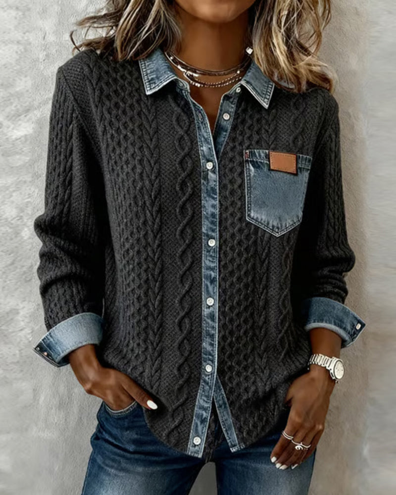 Dames Sweater Lange Mouw met Denim Details en Knoopsluiting Donkergrijs