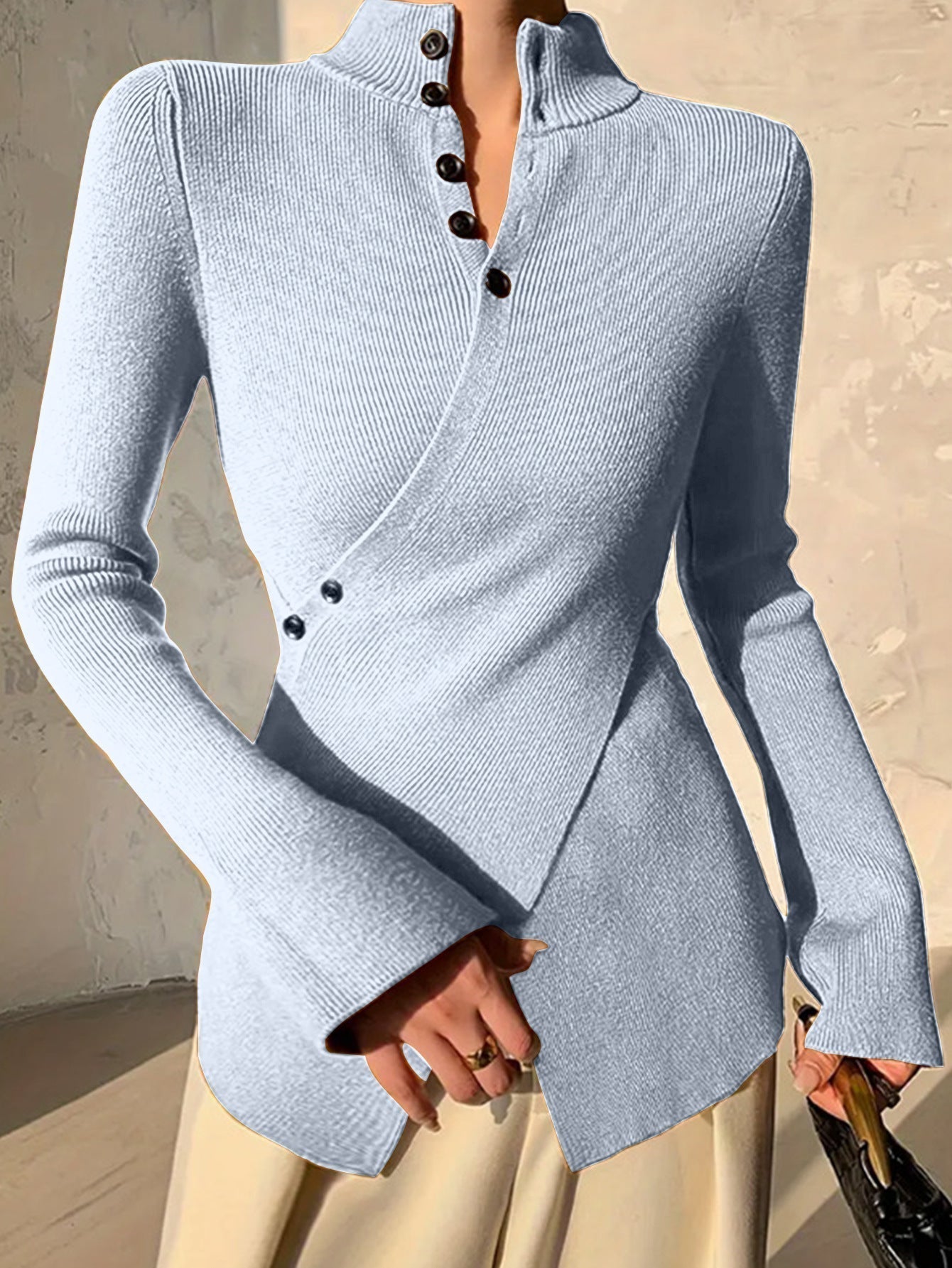 Dames Sweater met Lange Mouw, Staande Kraag en Asymmetrische Zoom Lichtblauw