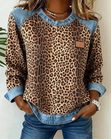 Dames Sweatshirt Lange Mouw met Luipaardprint en Denim Details