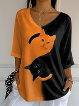 Dames T-Shirt met Korte Mouw, V-hals en Kattenprint