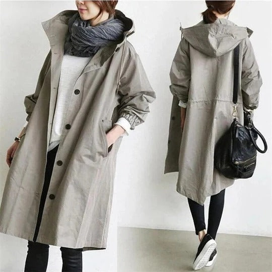 Dames Trench Coat Oversized met Capuchon en Knoopsluiting Lichtgrijs