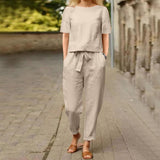 Dames Tweedelig Setje met Crop Top Korte Mouw en Broek met Strikdetail