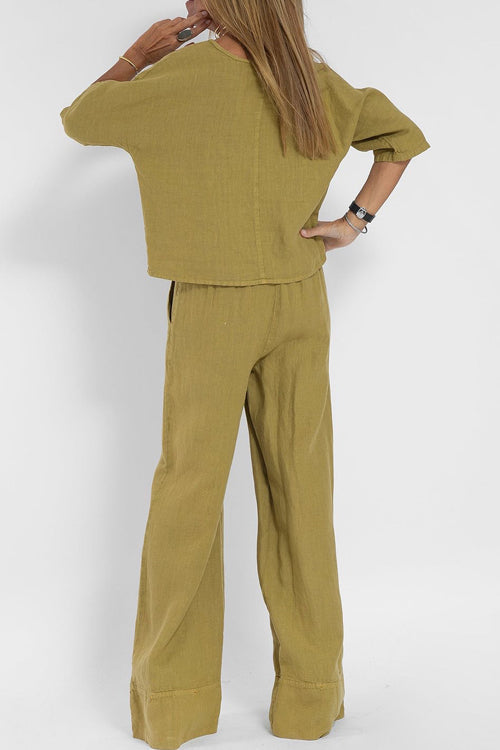Dames Tweedelige Set Cropped Top met Ronde Hals en Wijde Broek
