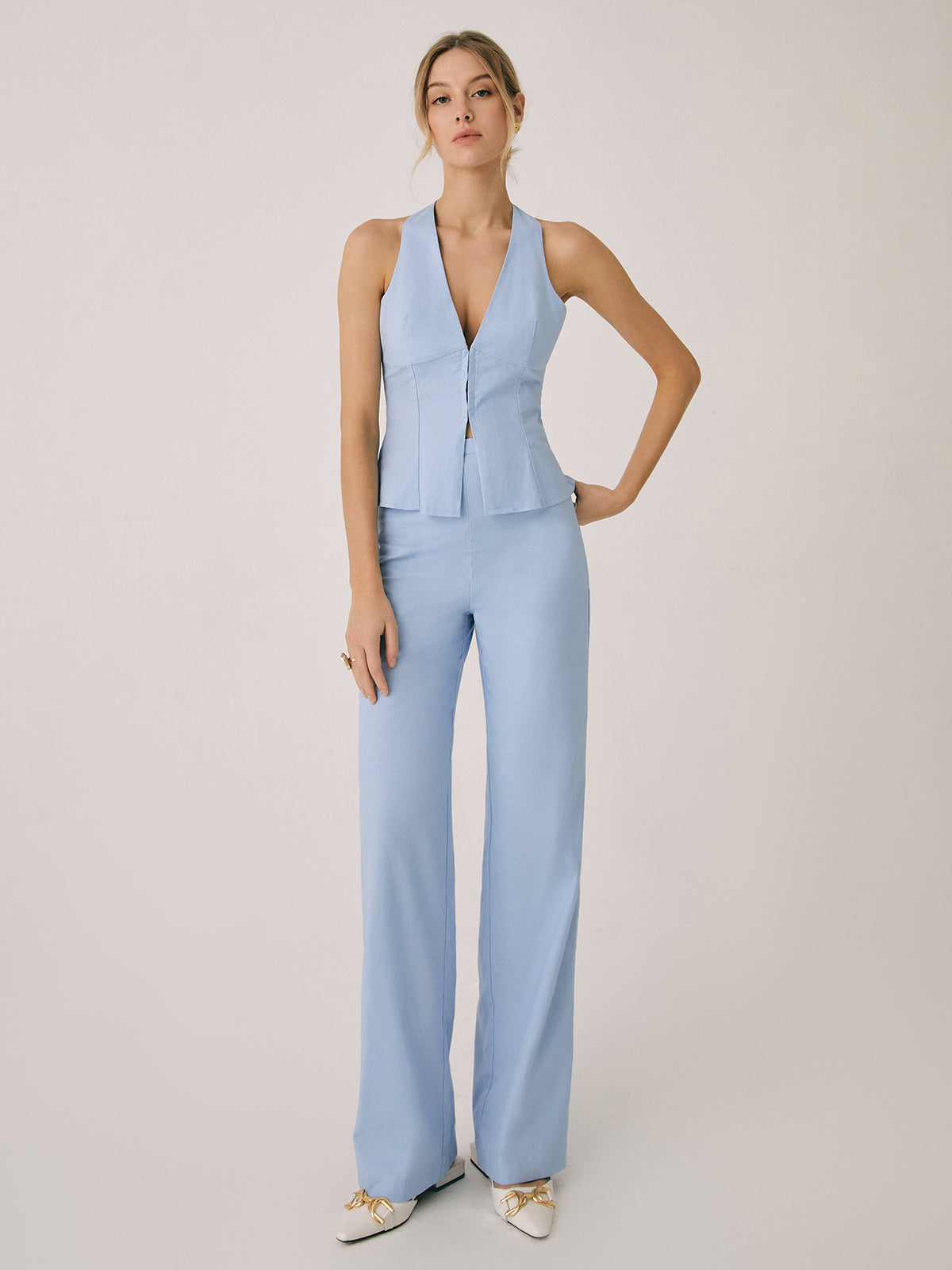 Dames Vest en Broek Set met V-hals en Wijde Pijpen Mouwloos