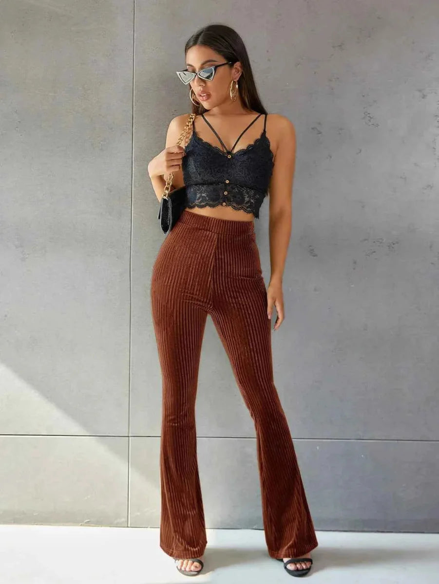 Dames Wijde Broek met Hoge Taille en Geribbeld Patroon Bruin