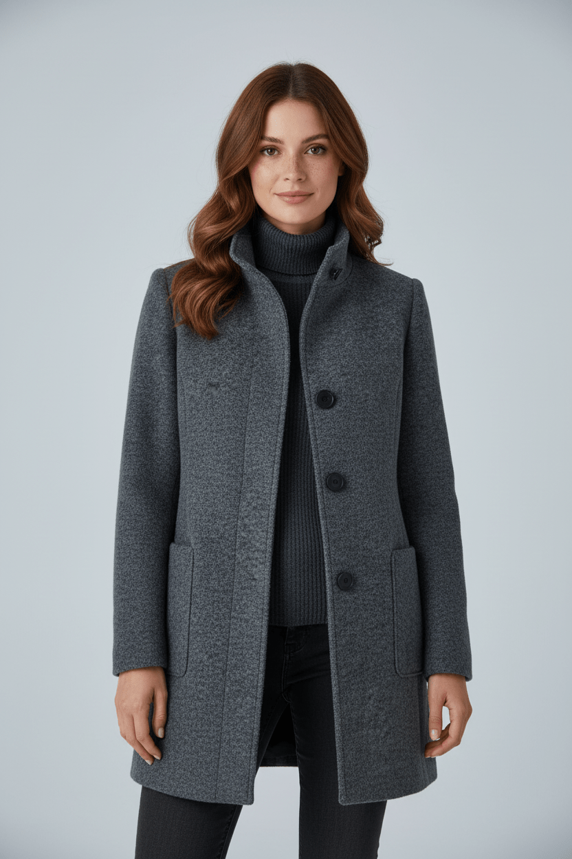Dames Winterjas met Staande Kraag en Knoopsluiting Kniehoogte Grijs