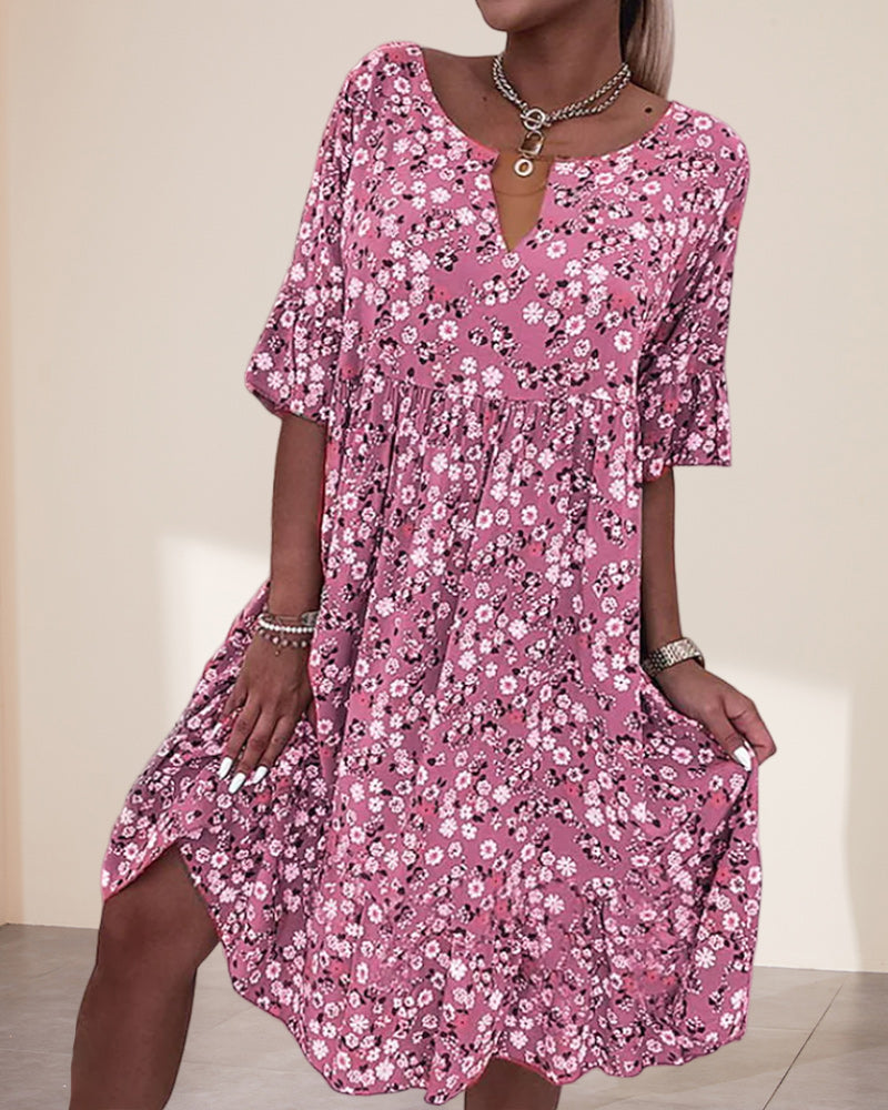 Dames Zomerjurk met Bloemenprint, V-hals en Korte Mouwen Roze
