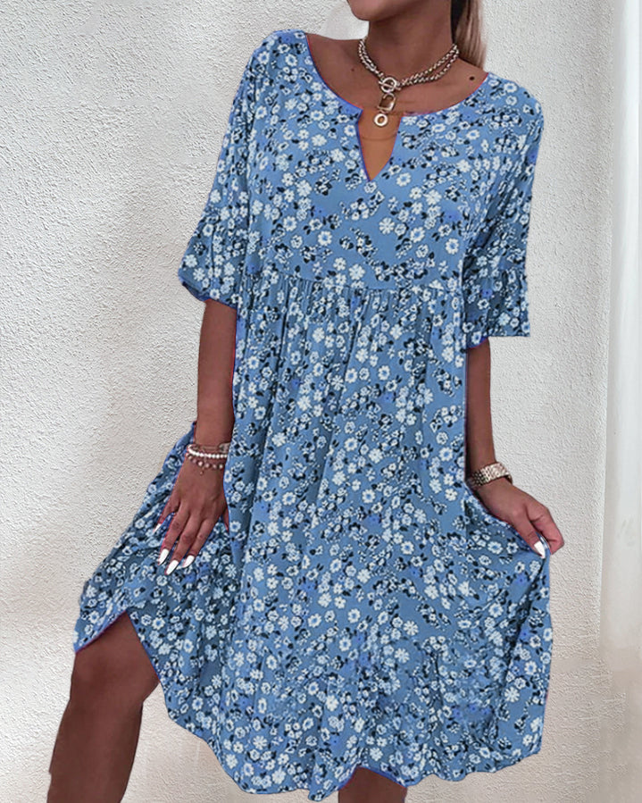 Dames Zomerjurk met Bloemenprint, V-hals en Korte Mouwen Blauw