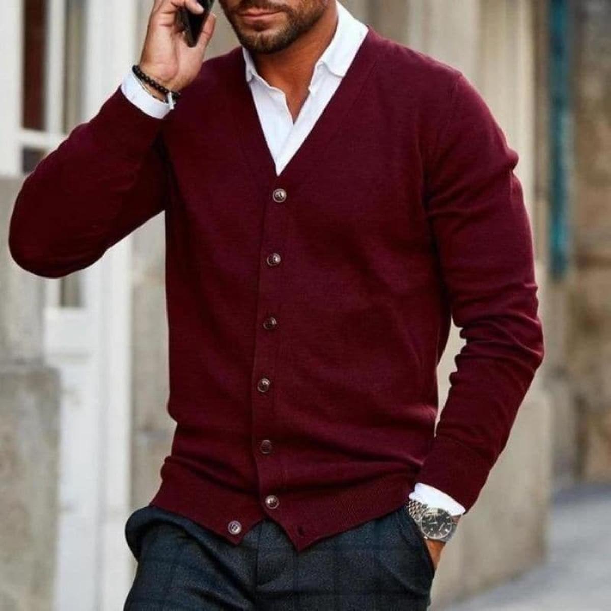Heren Cardigan Slim Fit met Knopen en V-hals Rood