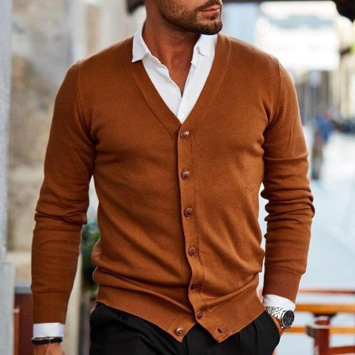 Heren Cardigan Slim Fit met Knopen en V-hals Oranje