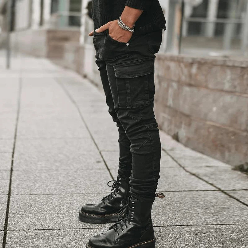 Heren Cargo Jeans Slim Fit met Gestapelde Pijpen en Zijzakken