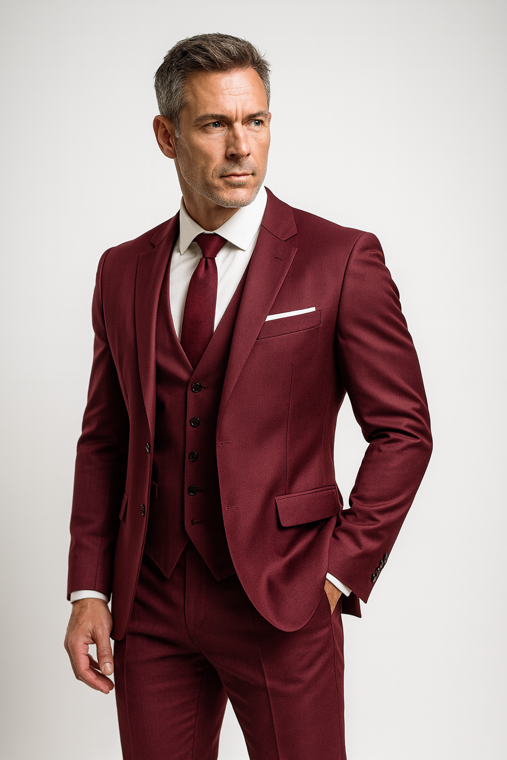Heren Driedelig Slim Fit Kostuum met Blazer, Gilet en Broek Wijnrood
