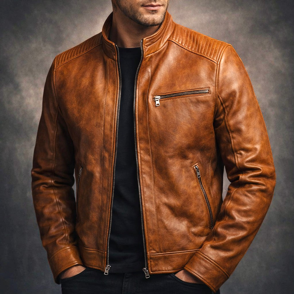 Heren Faux Leather Jacket met Staande Kraag en Ritssluiting