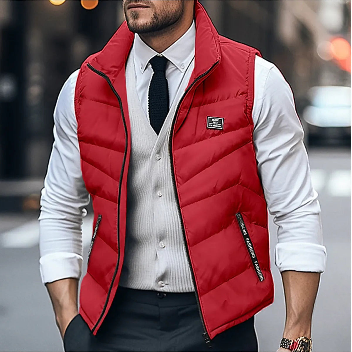 Heren Gewatteerd Bodywarmer Mouwloos met Staande Kraag en Ritssluiting Rood