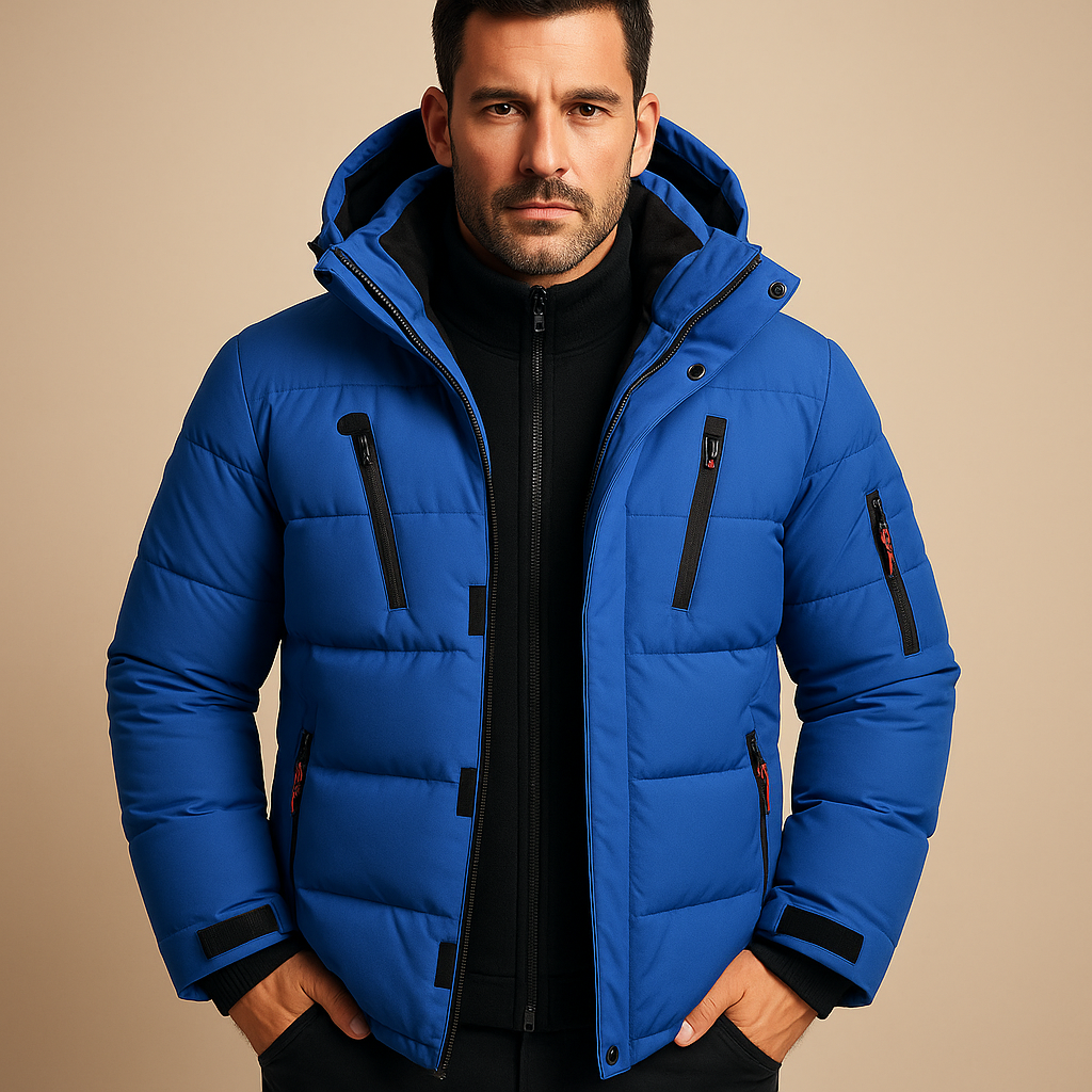 Heren Gewatteerde Winterjas met Capuchon en Ritssluiting Blauw