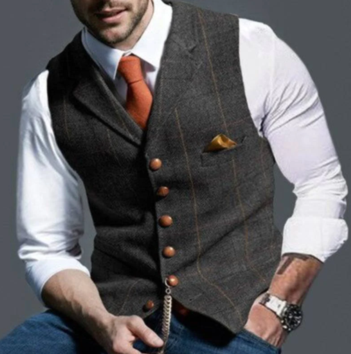 Heren Gilet met Ruitpatroon en Knoopsluiting Donkergrijs