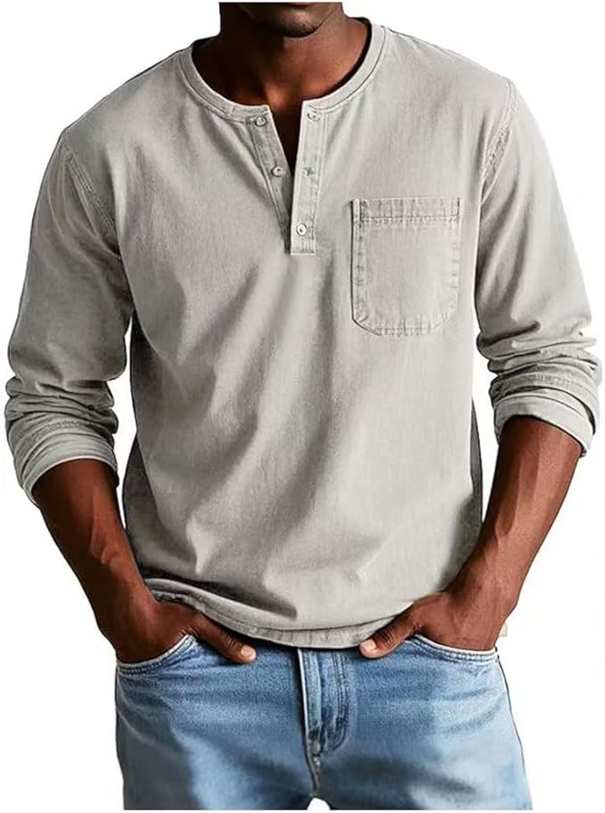 Heren Henley Shirt Lange Mouw met Borstzak en Knoopsluiting Beige