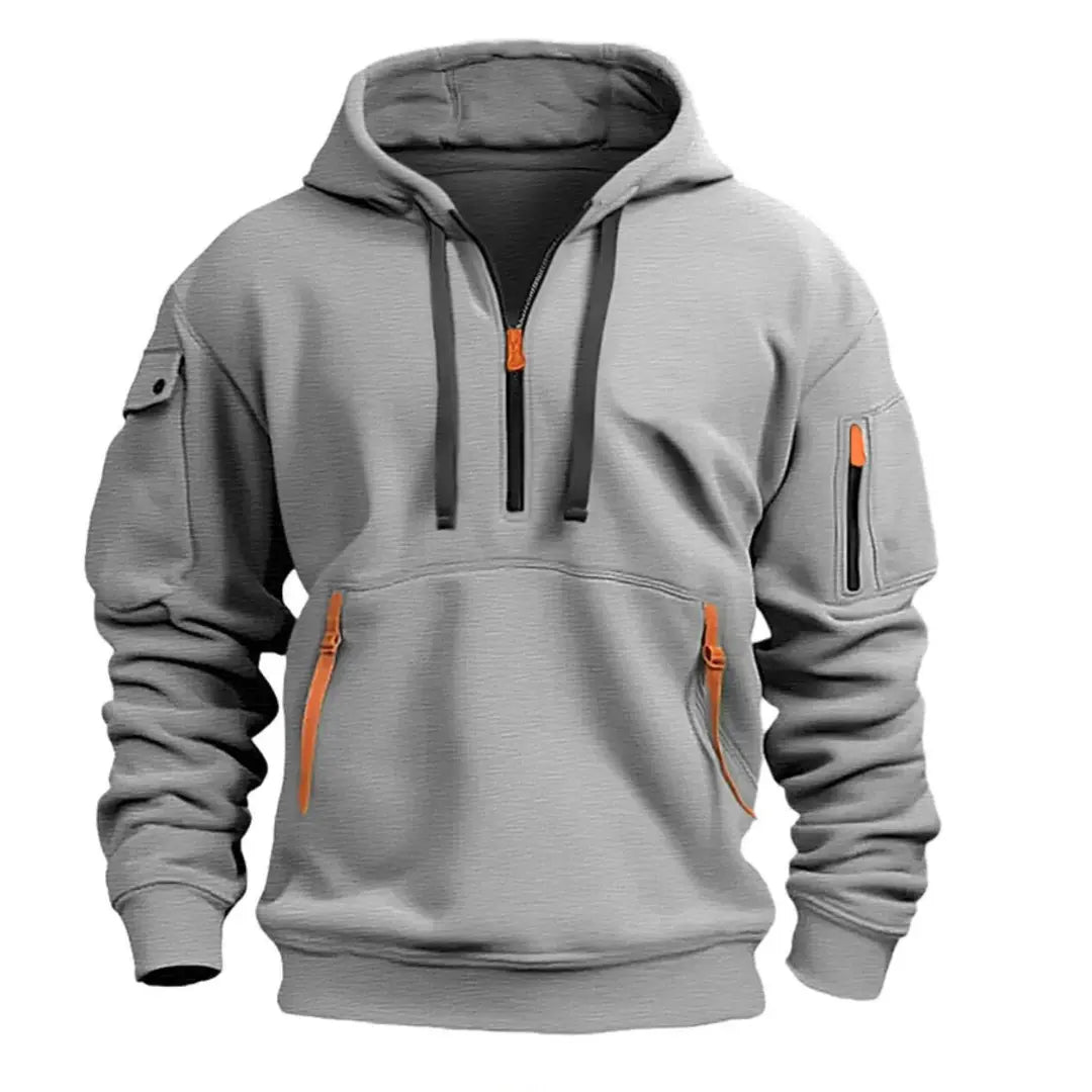 Heren Hoodie met Kwart Rits, Capuchon en Meerdere Ritszakken Lichtgrijs