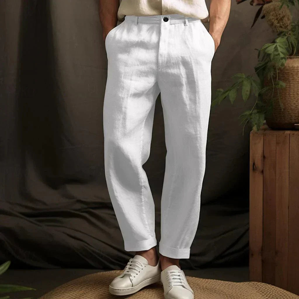 Heren Lange Broek met Omslag, Zijzakken en Knoopsluiting Wit