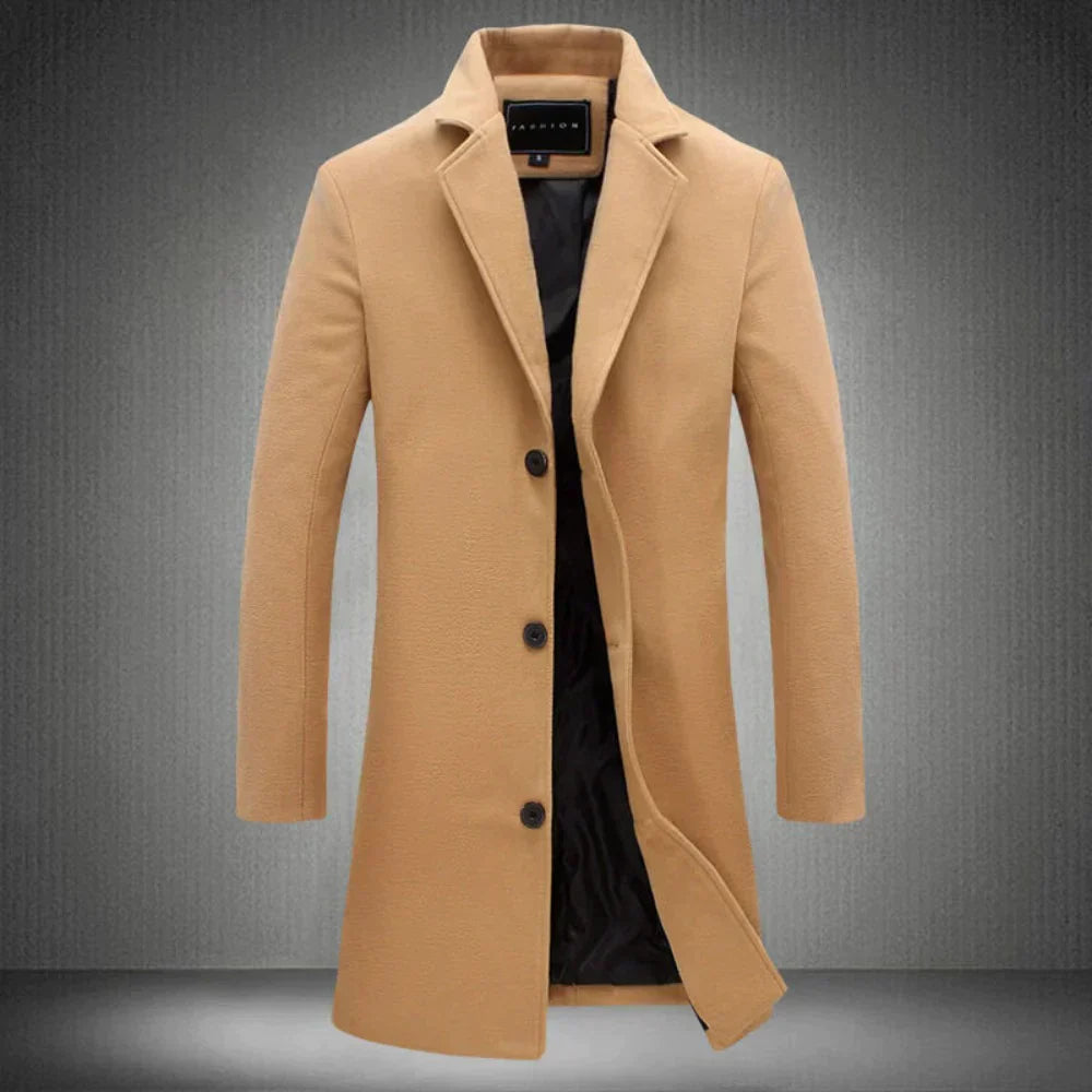 Heren Lange Winterjas met Revers en Knoopsluiting Slim Fit Khaki