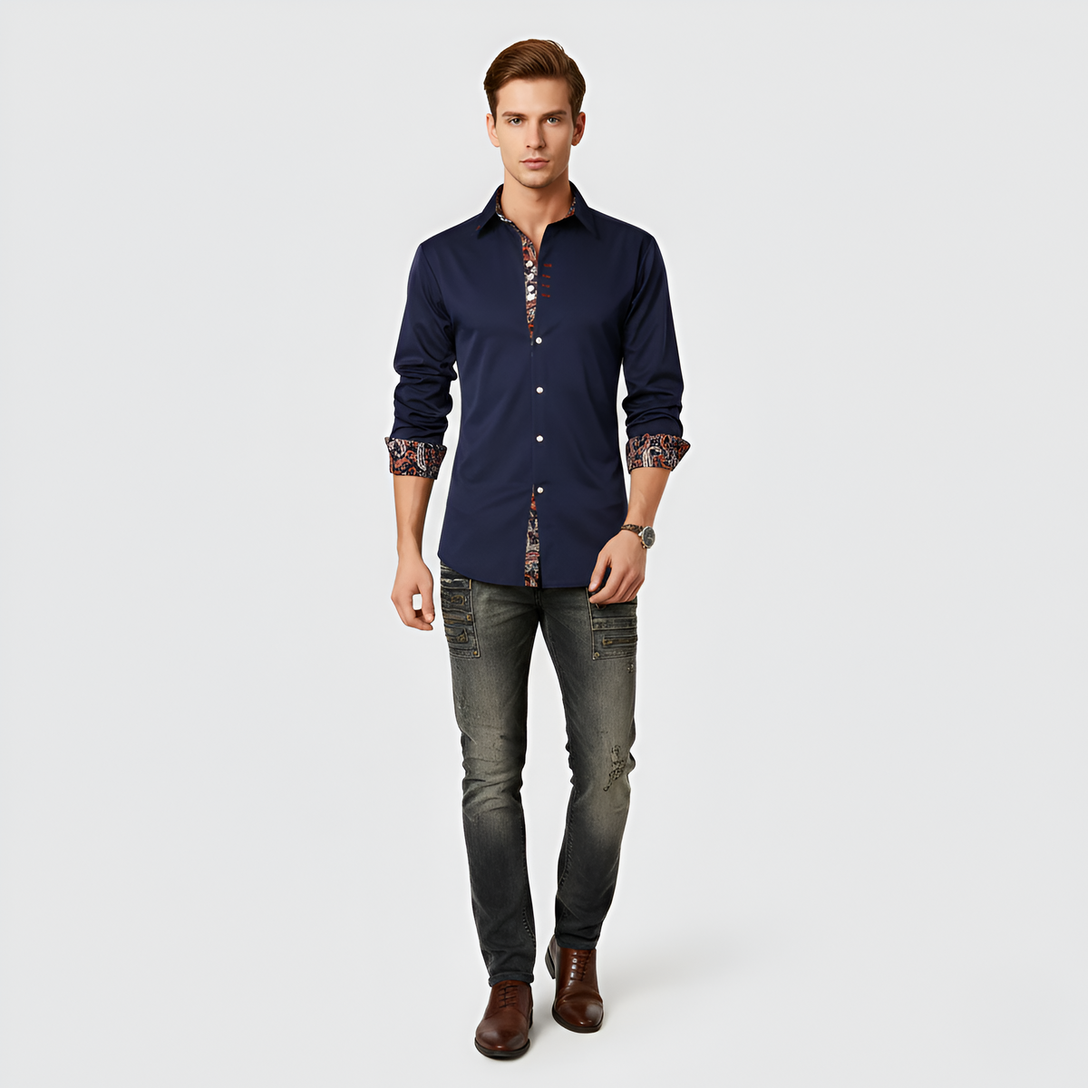 Heren Overhemd Slim Fit met Lange Mouw en Geprinte Details Donkerblauw