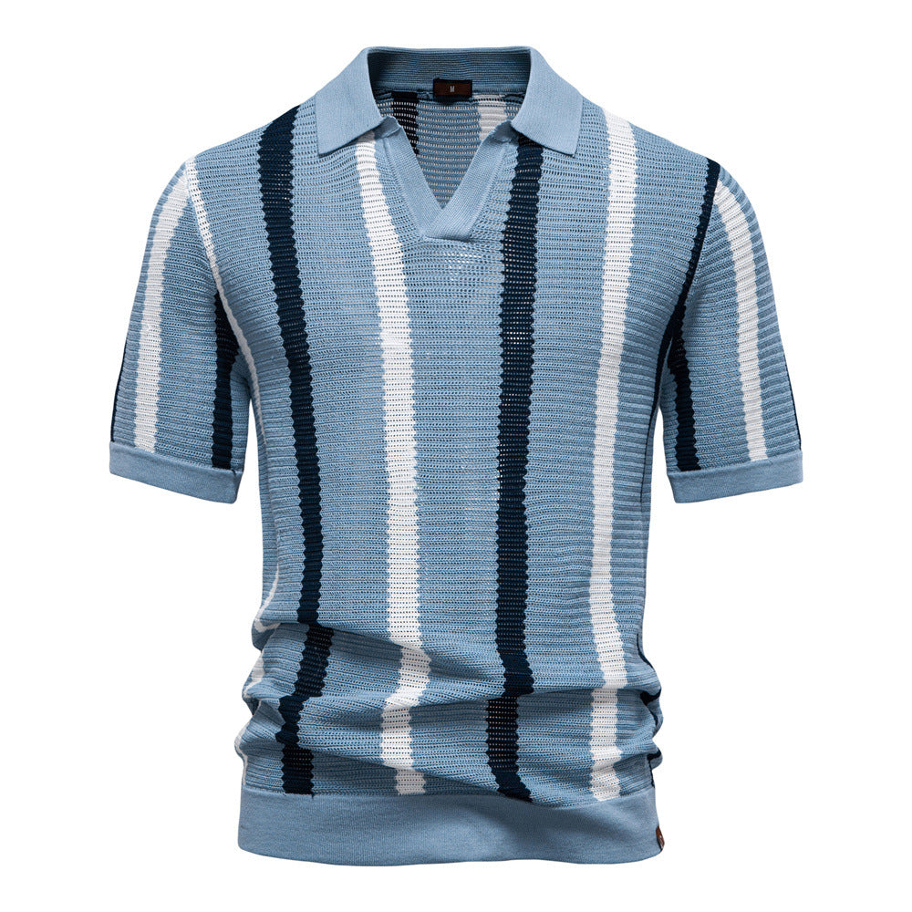 Heren Polo Korte Mouw met Open Kraag en Verticale Strepen Blauw