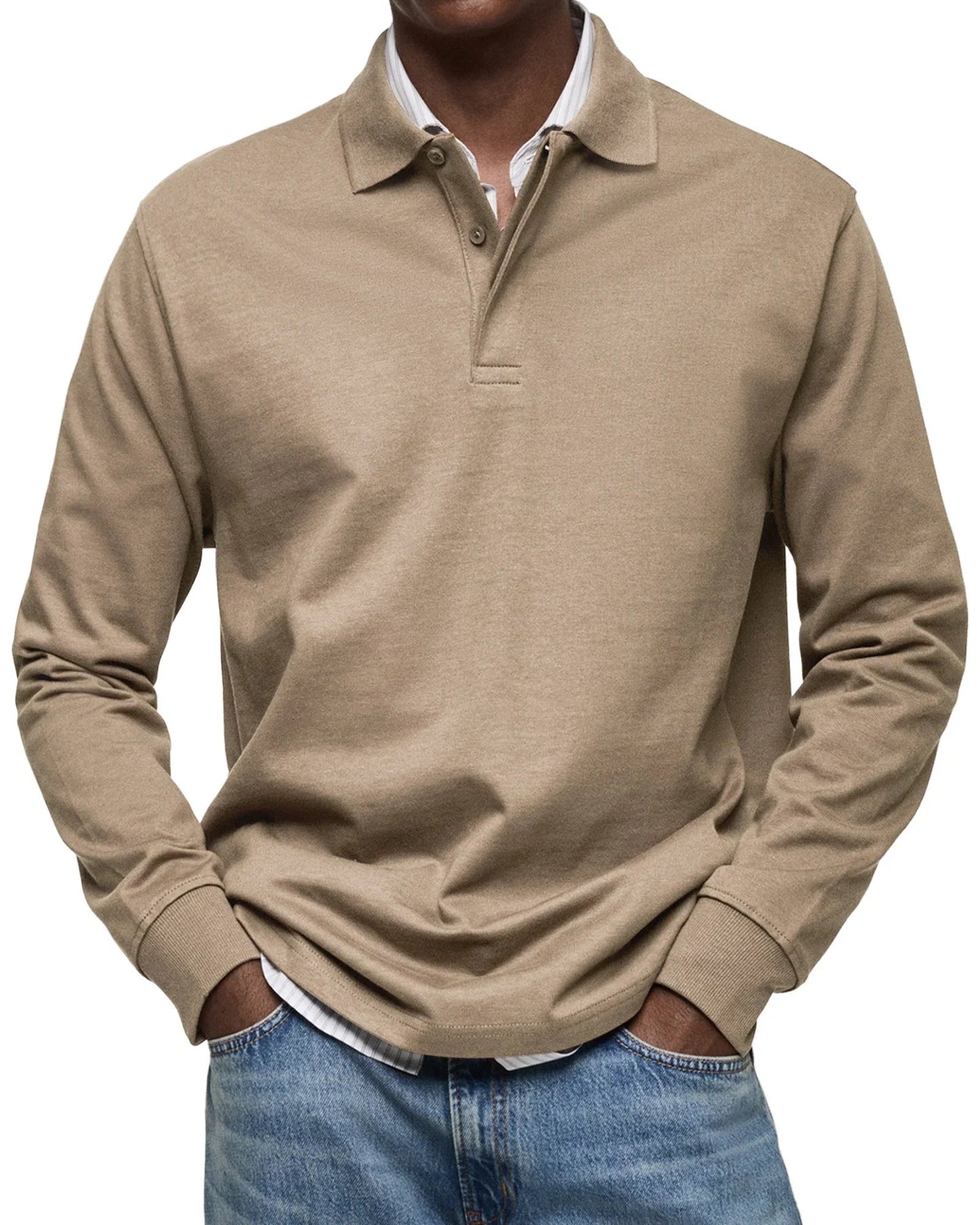 Heren Polo Lange Mouw met Polokraag en Knoopsluiting Beige