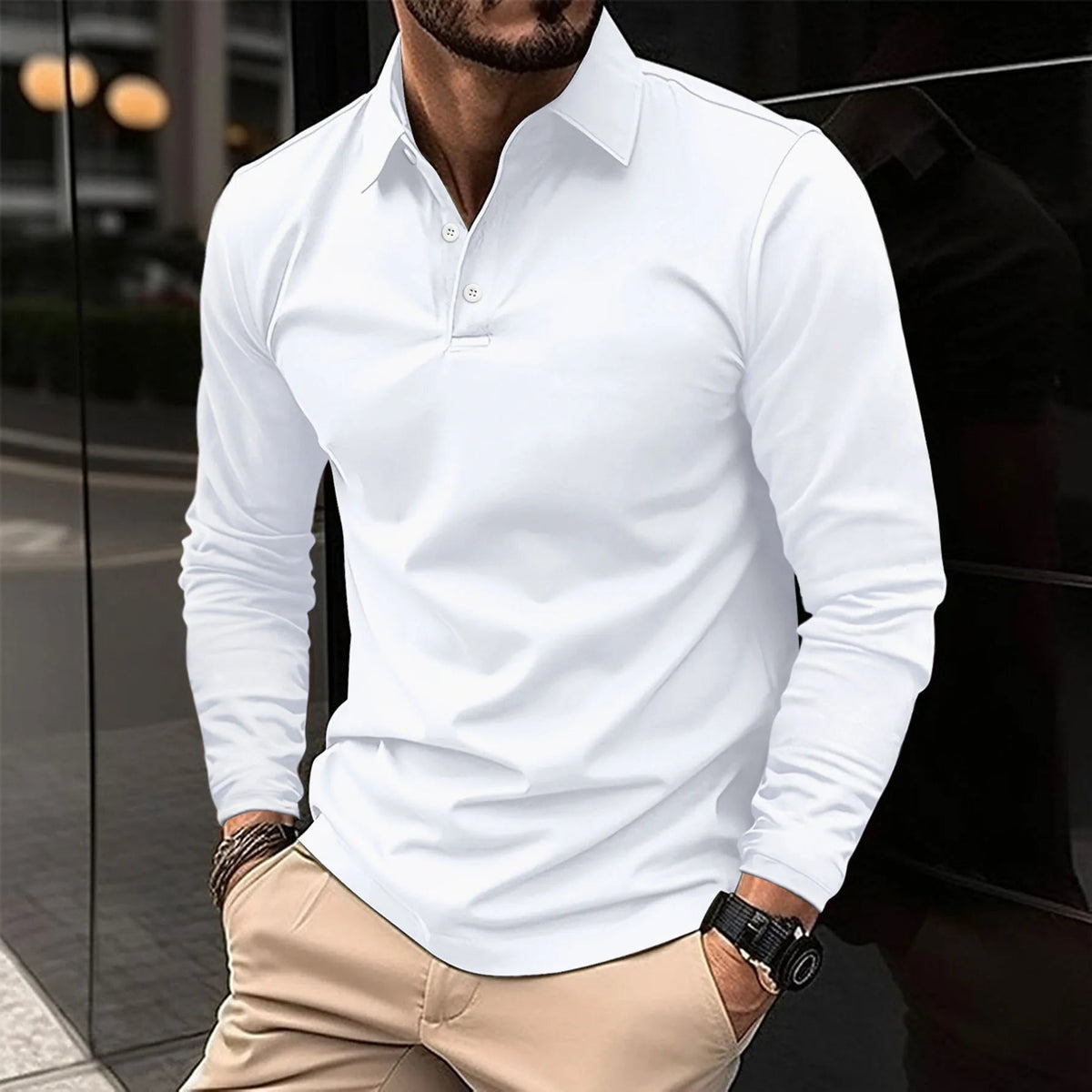 Heren Polo met Lange Mouwen en Klassieke Kraag Slim Fit Wit