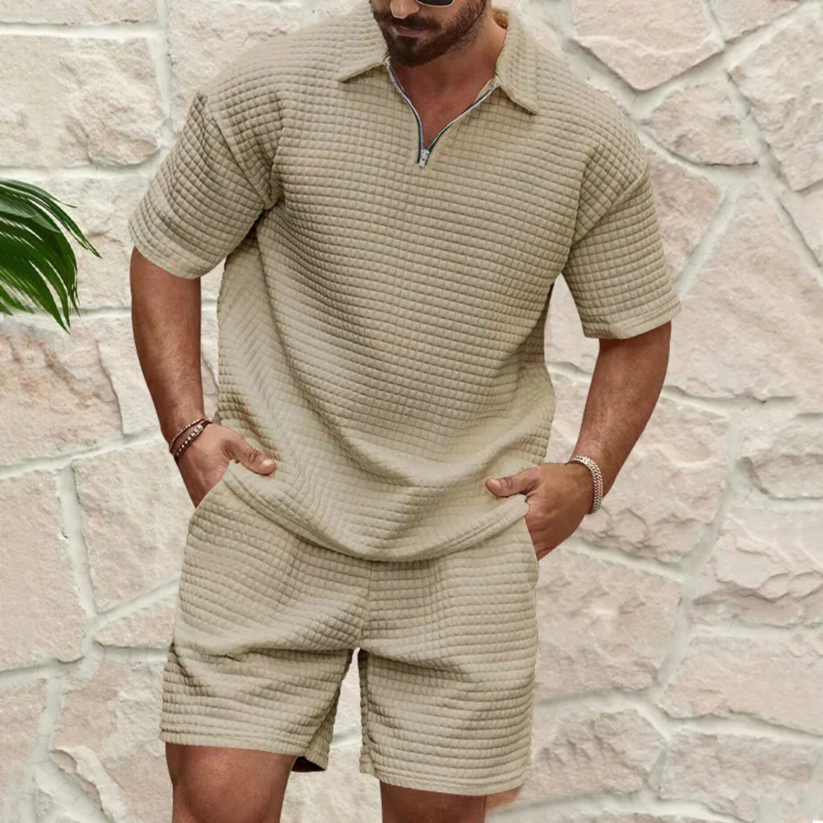 Heren Polo Shirt en Shorts Set met Korte Mouw en Ritskraag Khaki