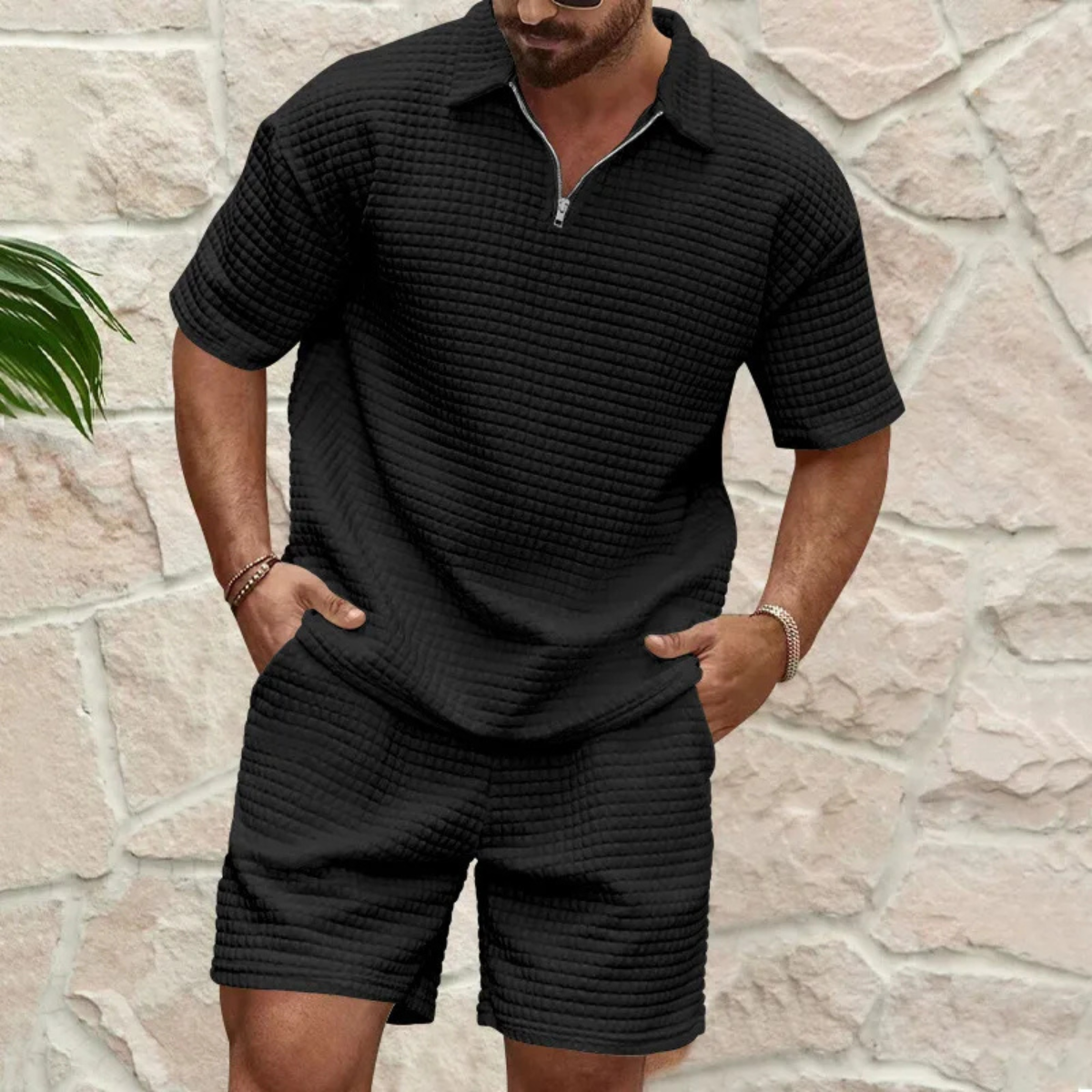 Heren Polo Shirt en Shorts Set met Korte Mouw en Ritskraag Zwart