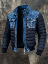 Heren Puffer Jacket met Denim Panelen en Ritssluiting