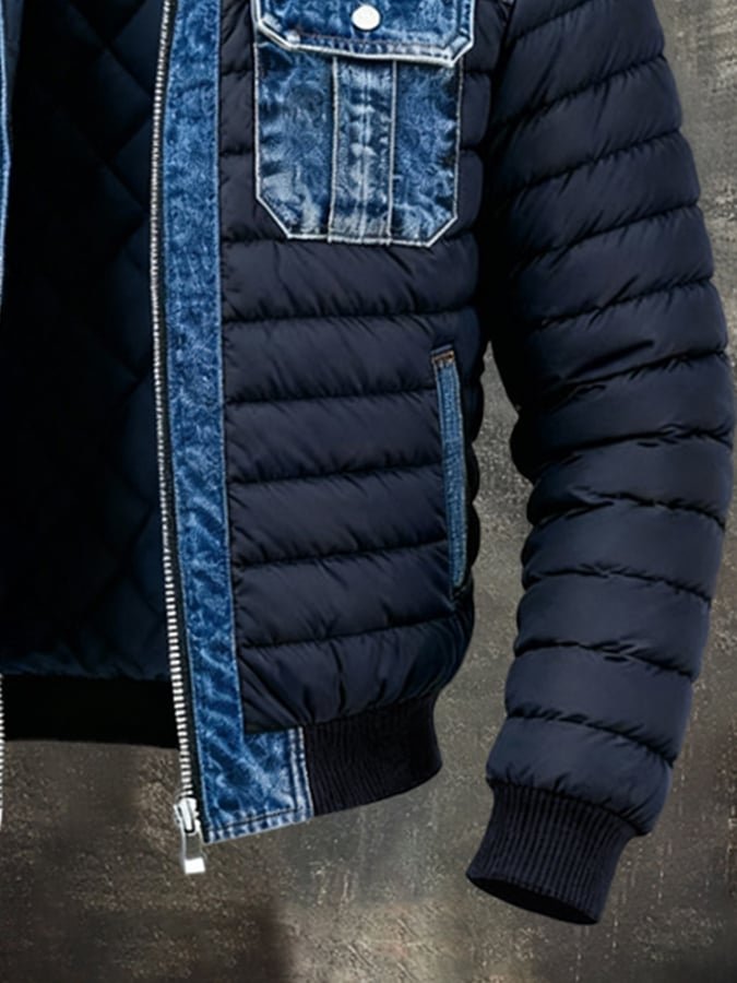 Heren Puffer Jacket met Denim Panelen en Ritssluiting