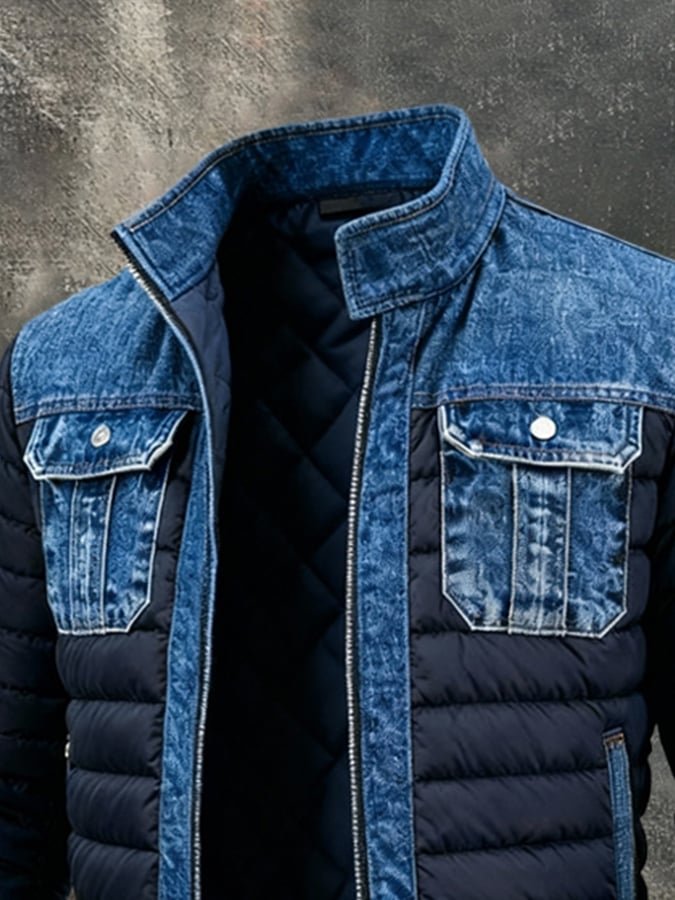 Heren Puffer Jacket met Denim Panelen en Ritssluiting