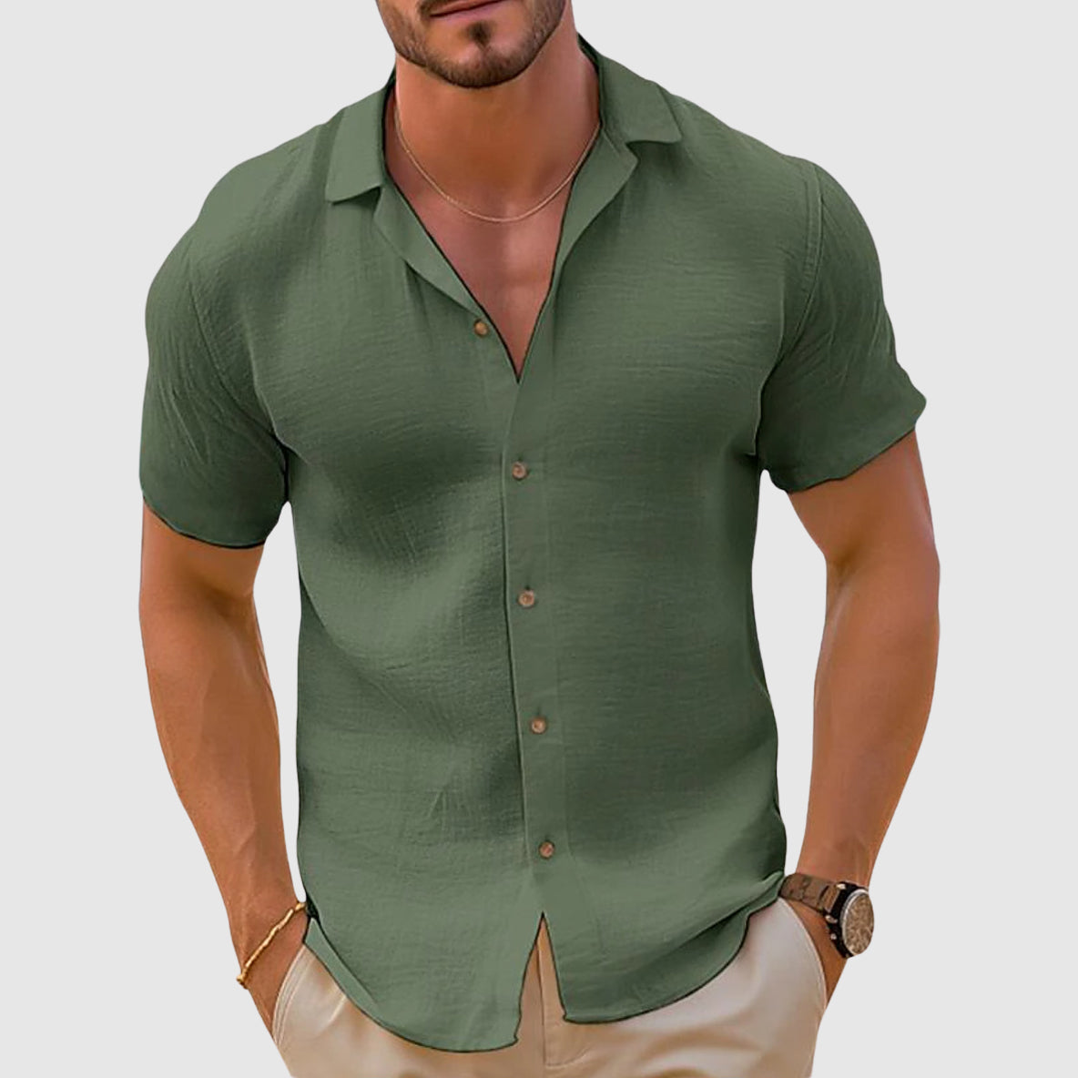 Heren Shirt Korte Mouw met Knoopsluiting en Reverskraag Groen
