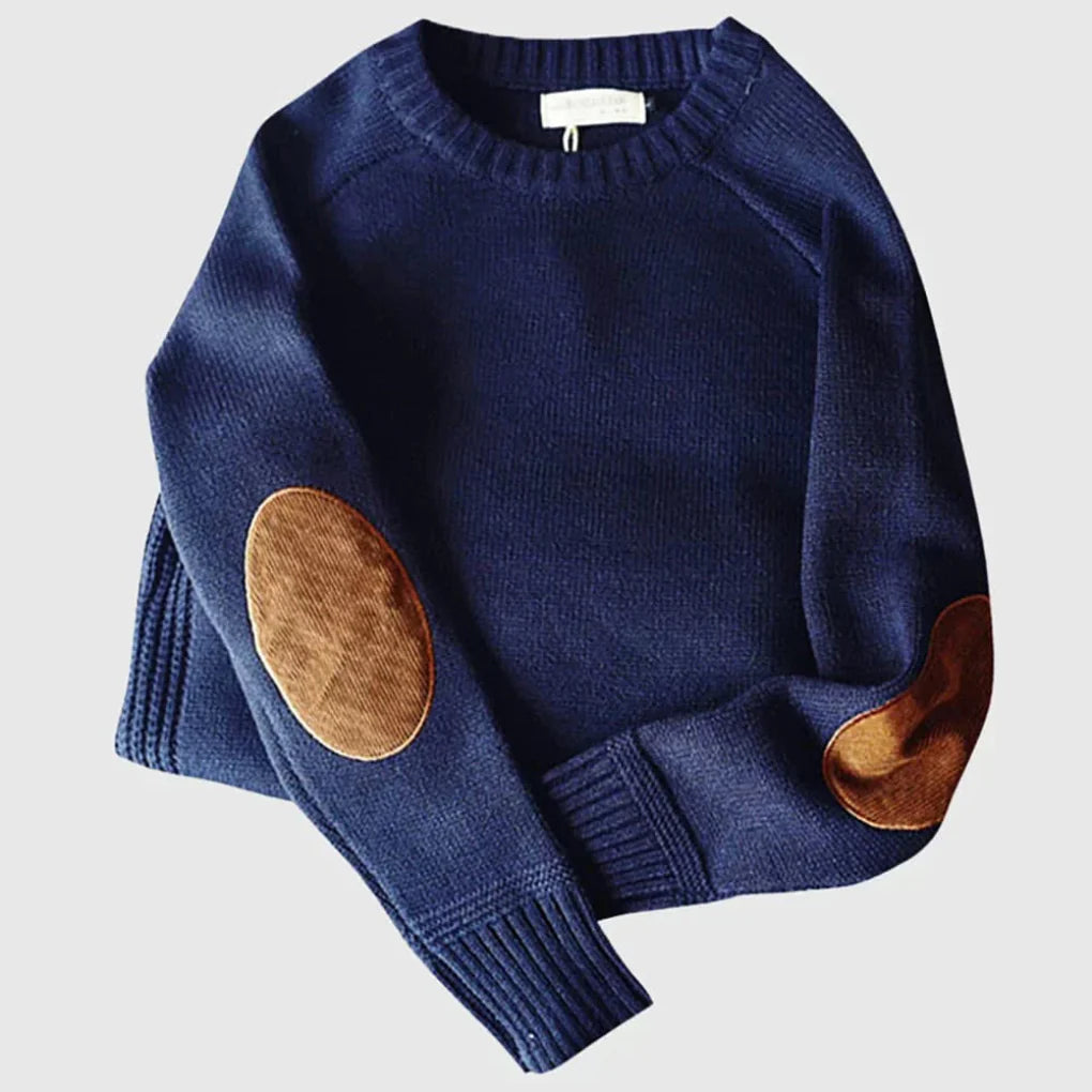 Heren Sweater met Ronde Hals en Elleboogpatches Lange Mouw Blauw