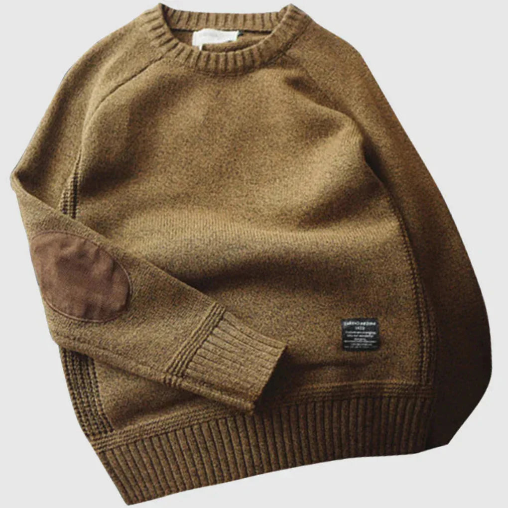 Heren Sweater met Ronde Hals en Elleboogpatches Lange Mouw Bruin