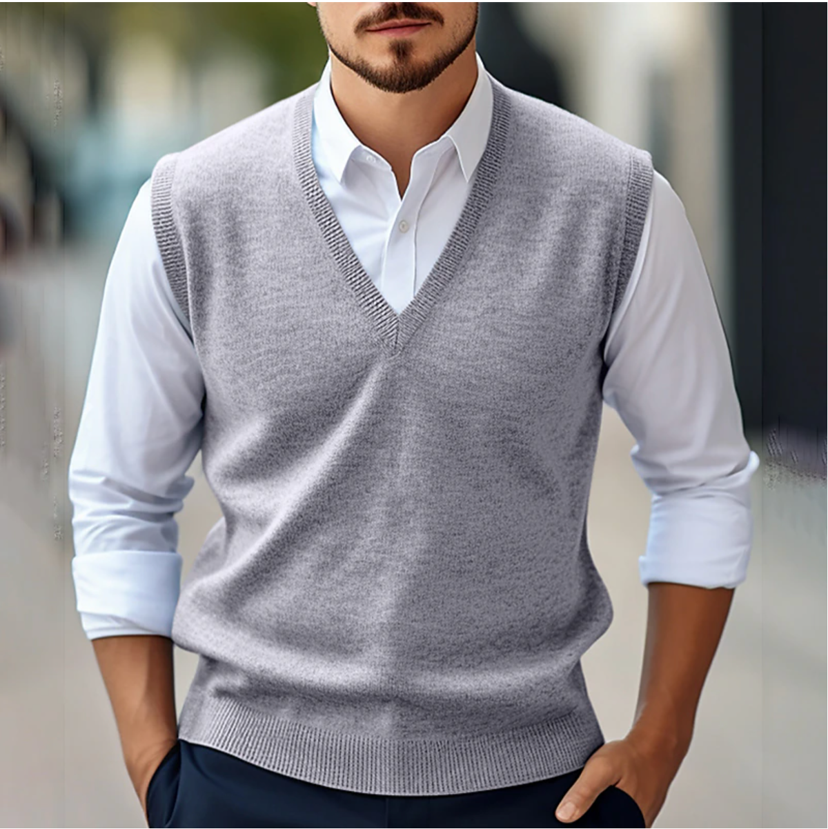 Heren Sweater Vest met Diepe V-hals en Slim Fit Grijs