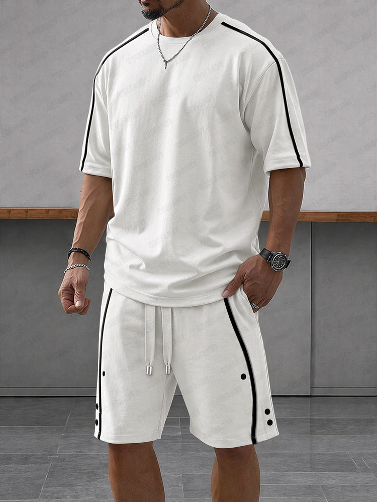 Heren Zomerset Oversized T-shirt en Shorts met Contraststrepen Wit