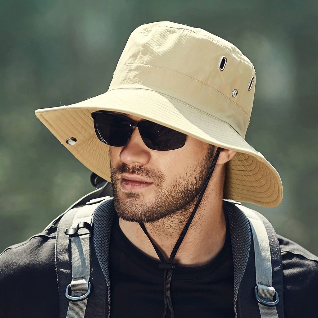 Unisex Bucket Hat met Brede Rand en Kinkoord voor Wandelen en Strand Khaki 58 x 60cm