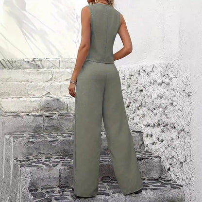Dames Co-ord Set Zomer met Mouwloos Gilet en Lange Pantalon